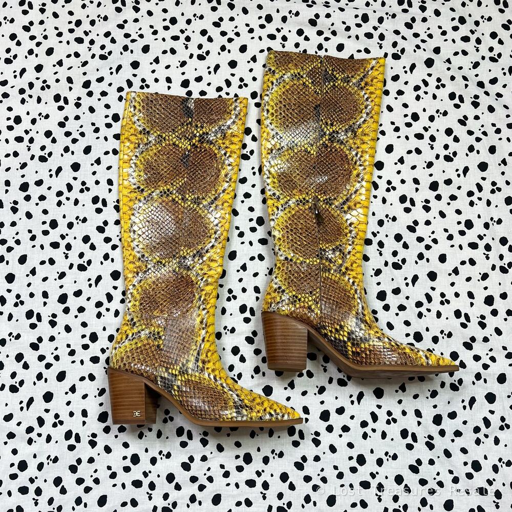 Sam Edelman | Lindsey Yellow Brown Snake Print Tall Leather Western Heel Boots 8 - Picture 4 of 11